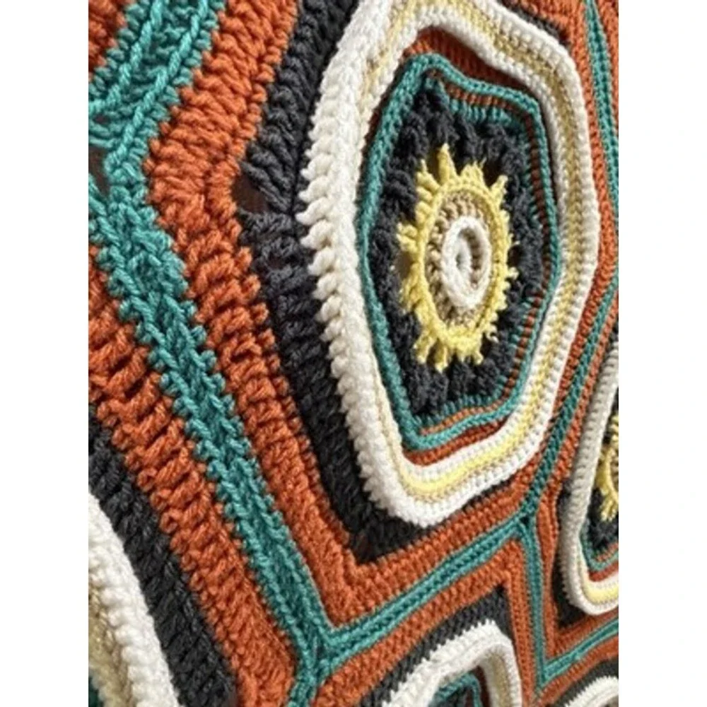 Granny Square Octagons Cotton Crocheted Afghan approx. 34”x 72” Multicolored